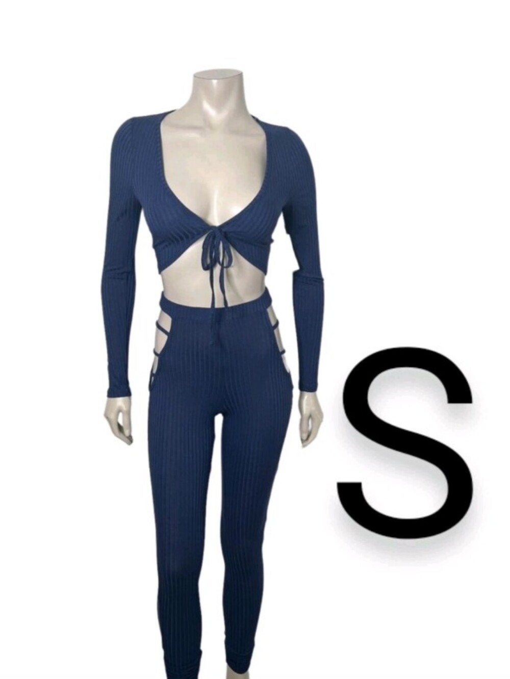 🆕Navy Blue Ribbed Front Tie Crop Top & Cut Out Leggings Two Piece Set~Size S